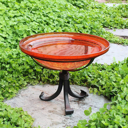 Achla Designs Hand Blown Crackle Glass Garden Birdbath w/ Tripod, Mandarin