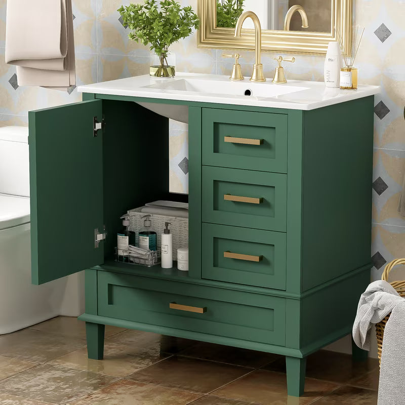 Bellemave 30" Bathroom Vanity with Sink, Cabinet with Sink Combo Set with Top, Bathroom Storage Cabinet with 3 Drawers and 1 Soft Closing Door, 30 Inch Vanity with Sink for Bathroom（White）