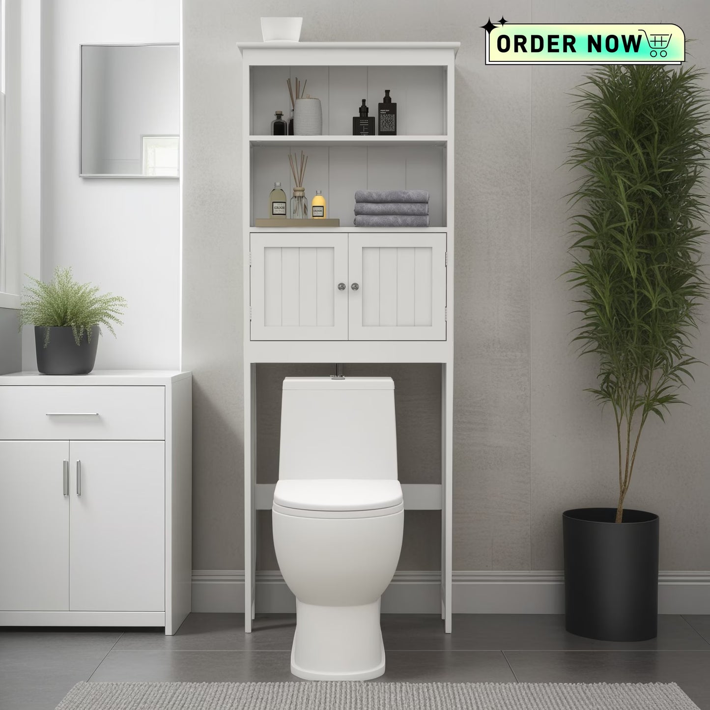 Tcbosik Over the Toilet Storage Cabinet with Doors, 70"H Freestanding Above the Toilet Storage Rack with Open Shelves for Bathroom, Space-Saving, White