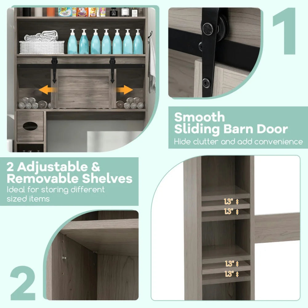 Yardi Yard Over The Toilet Storage Cabinet with Sliding Barn Door and Adjustable Shelves-Gray, Bathroom Organizers and Storage
