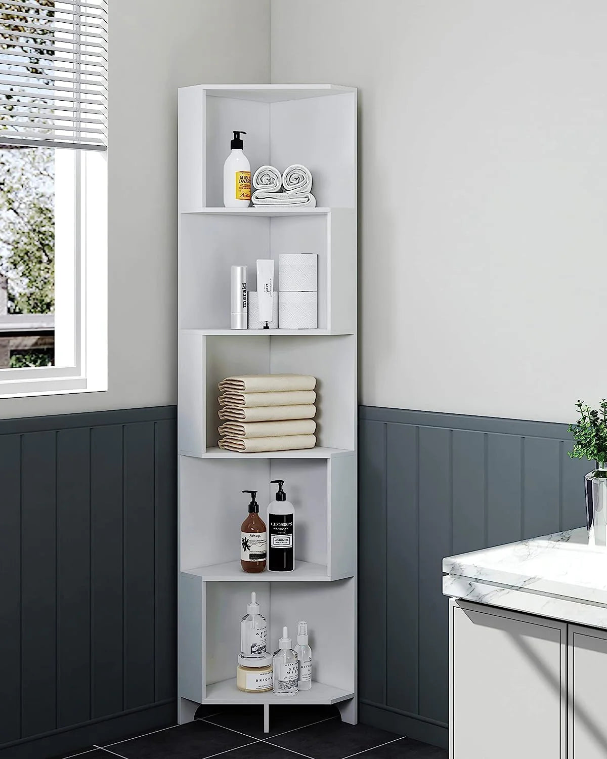 Bookshelf Corner Shelf Bookcase, Wooden 5-Tier Book Shelves Display Cabinet For Living Room,Bedroom,Bathroom, White
