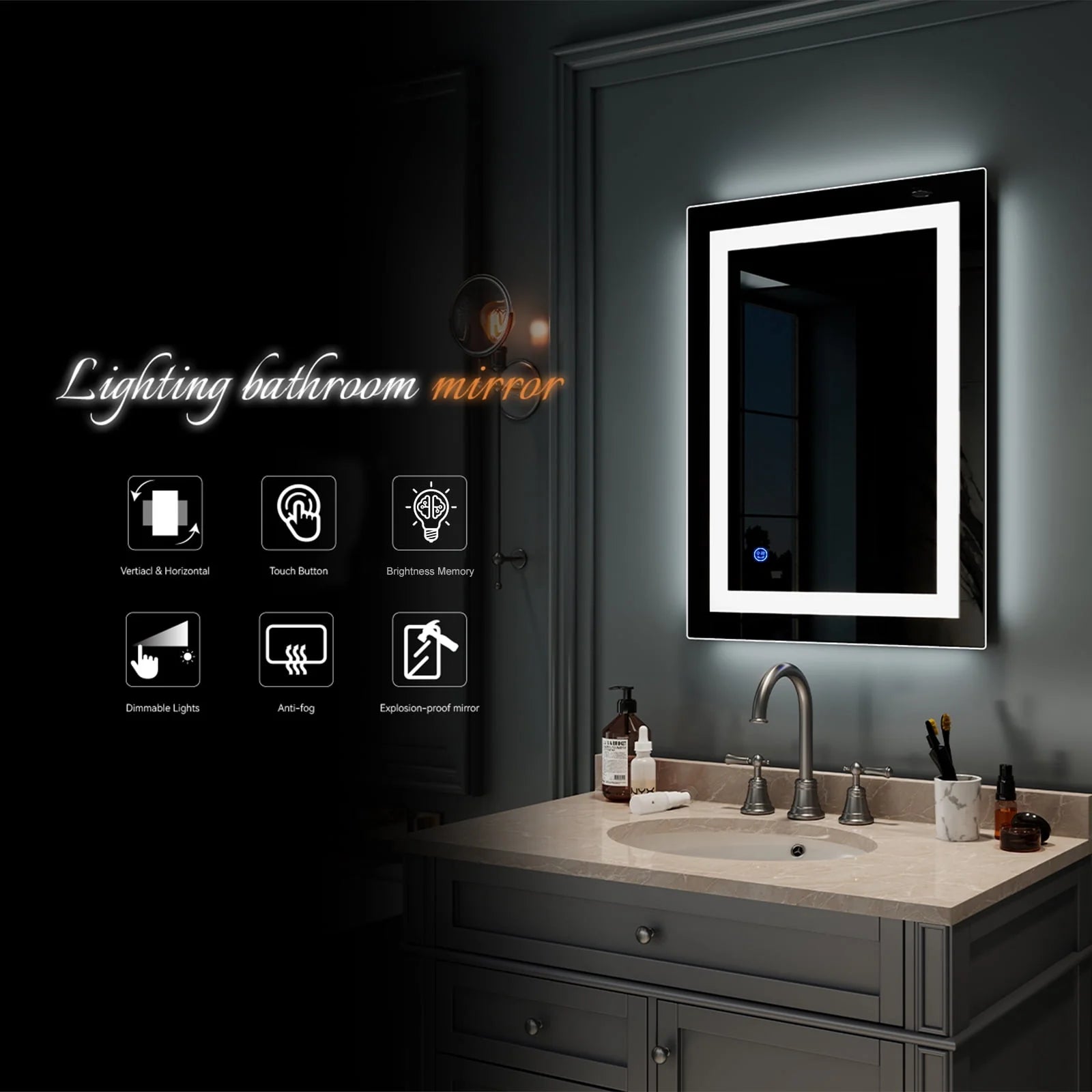 Zimtown Touch LED Bathroom Mirror Rectangle Light Strip Lighted Mirror 32x24 Silver