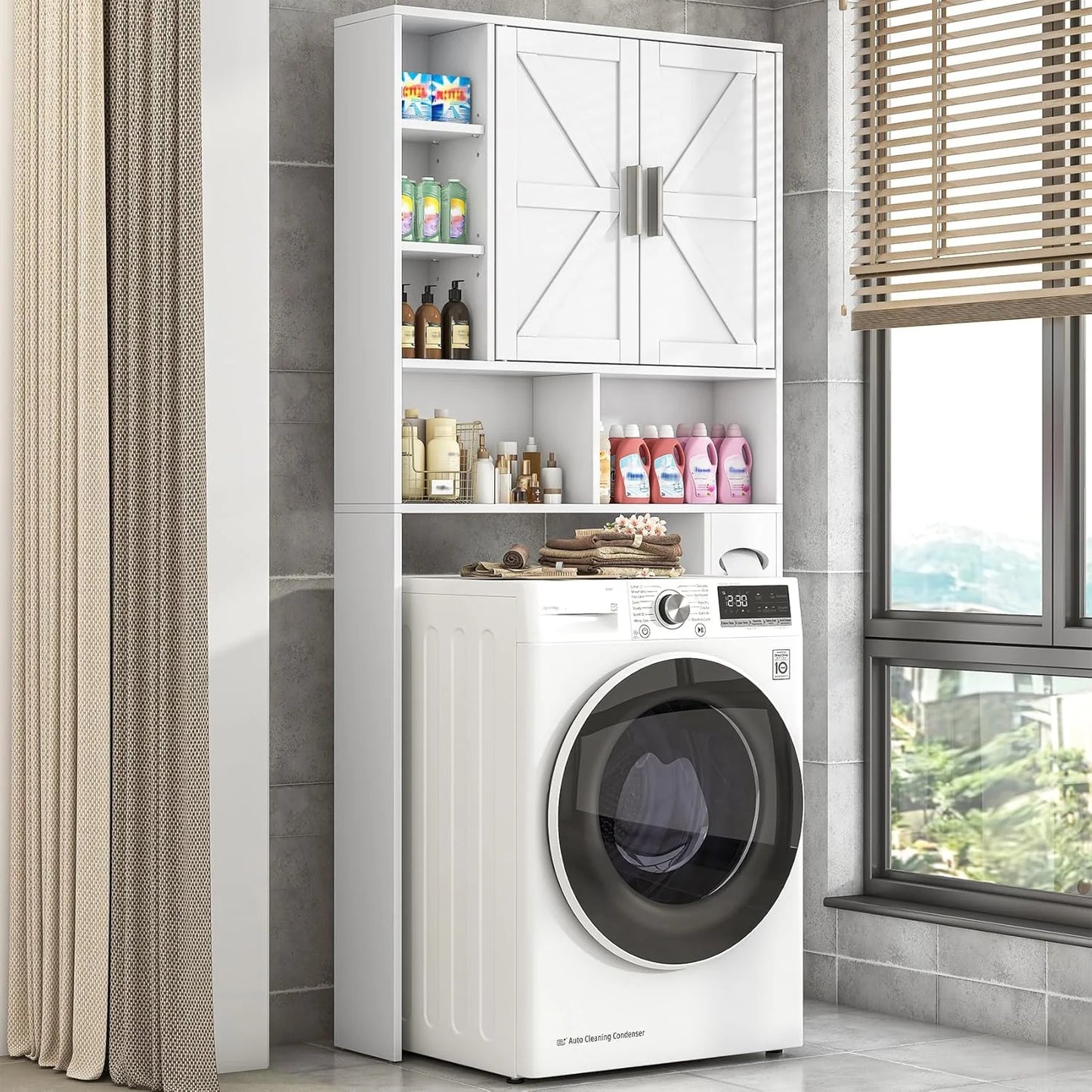 Frmobepts Over The Toilet Storage Cabinet with Toilet Paper Holder Stand, Above Toilet Organizer with Doors, Behind Toilet Shelf for Restroom, Bathroom, Laundry, White