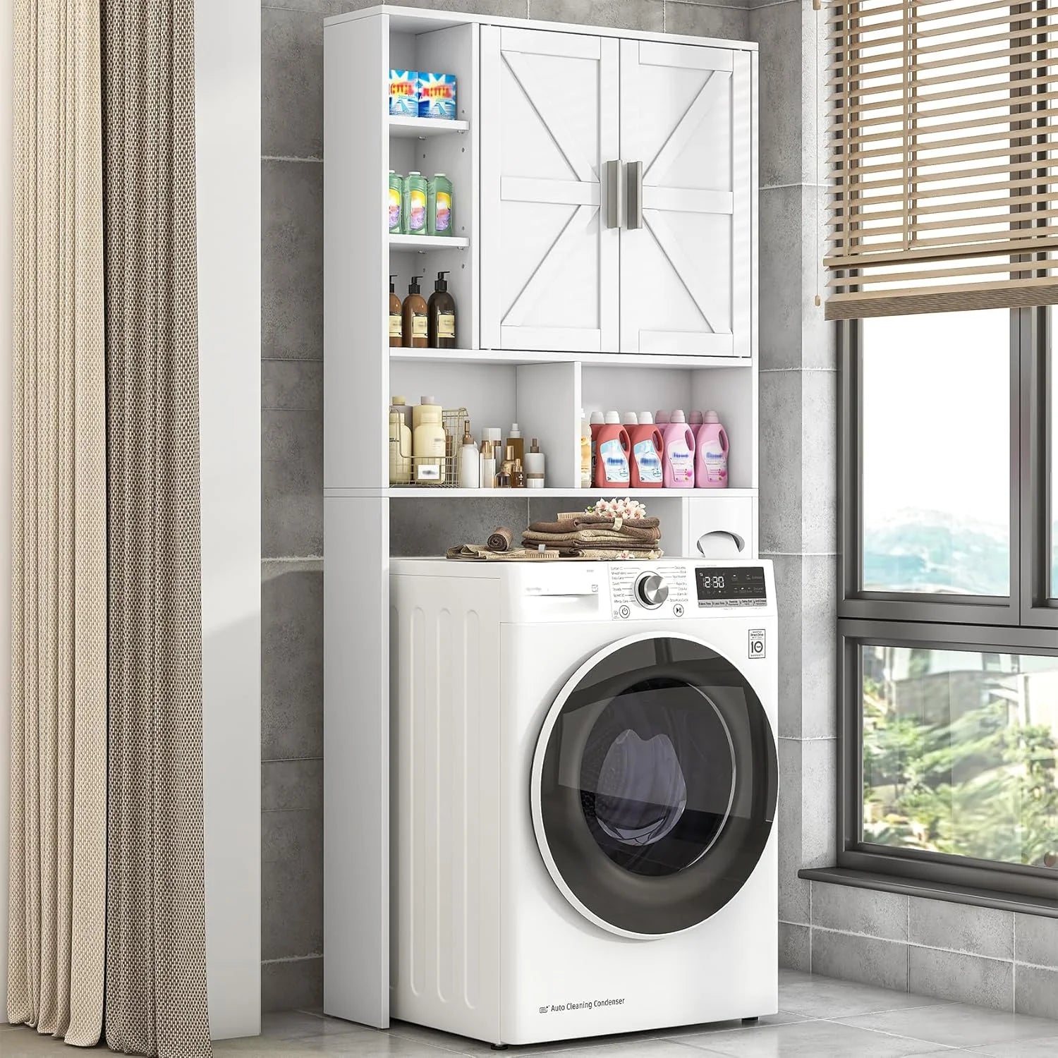 Frmobepts Over The Toilet Storage Cabinet with Toilet Paper Holder Stand, Above Toilet Organizer with Doors, Behind Toilet Shelf for Restroom, Bathroom, Laundry, White