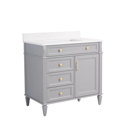 FORCLOVER 36" Bathroom Vanity with Sink Top Combo Set, Freestanding Solid Wood Bathroom Makeup Cabinet W/ 1 Soft-Close Door and 3 Soft-Close Drawers, Carrara White Quartz Countertop, Grey