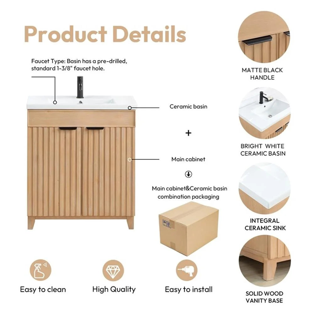 Palos 30" Single Bath Vanity in Fir Wood Brown with Drop-In White Ceramic Basin