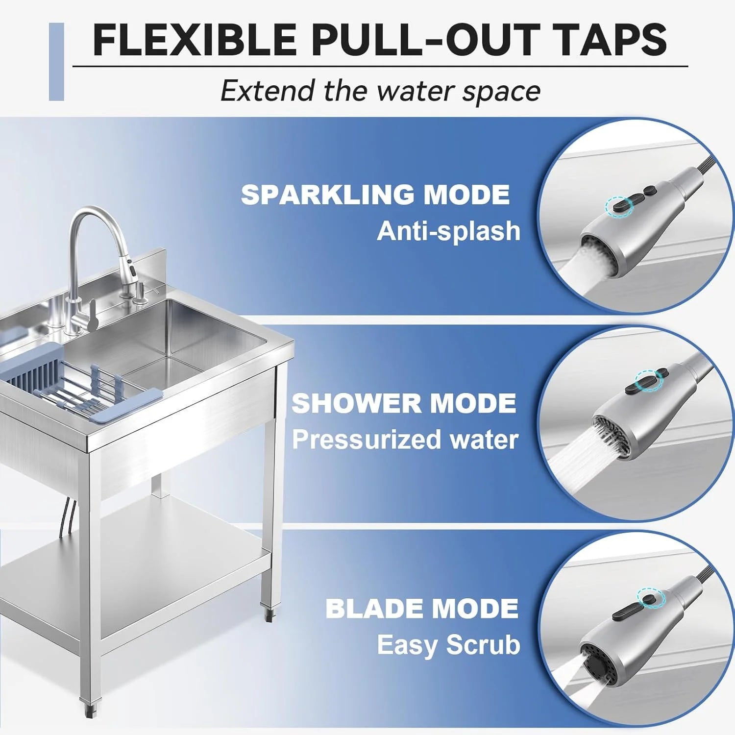 Stainless Steel Utility Sink Commercial Kitchen Single Bowl Sink with Cold and Hot Water Faucet Hoses and Drain Kit Complete Base Plate for Kitchens,Bathrooms,Laundry Room