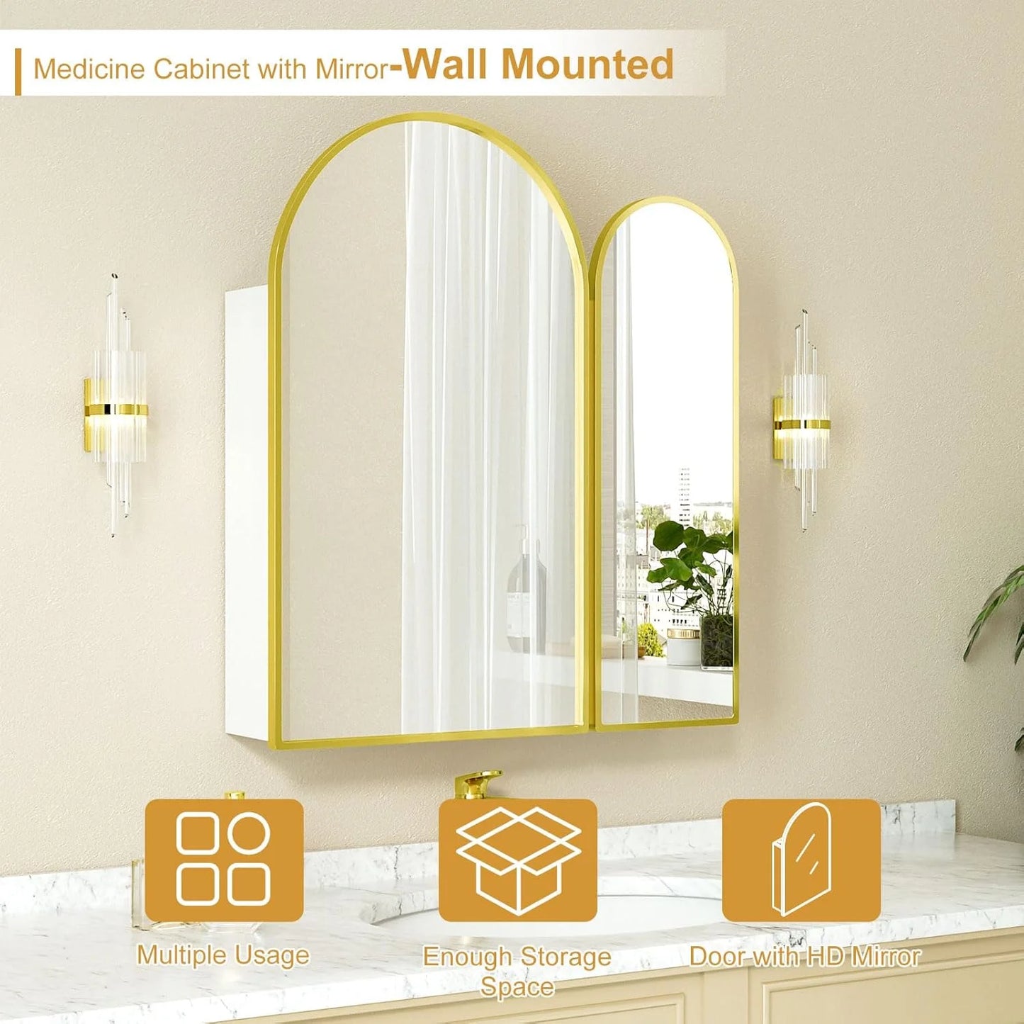 Black Arched Medicine Cabinet with Mirror,Black Medicine Cabinet with 2 Doors,Bathroom Medicine Cabinets Mirror Wall Mounted,24x28Inch
