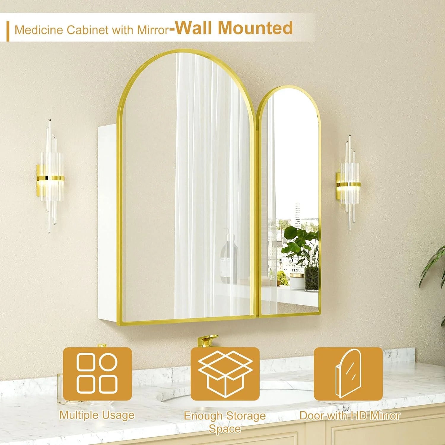 Black Arched Medicine Cabinet with Mirror,Black Medicine Cabinet with 2 Doors,Bathroom Medicine Cabinets Mirror Wall Mounted,24x28Inch