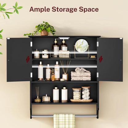Bathroom Wall Cabinet with Adjustable Shelf & Doors, Over The Toilet Storage Cabinet, Medicine Cabinet for Bathroom, Laundry Room, Kitchen, Black