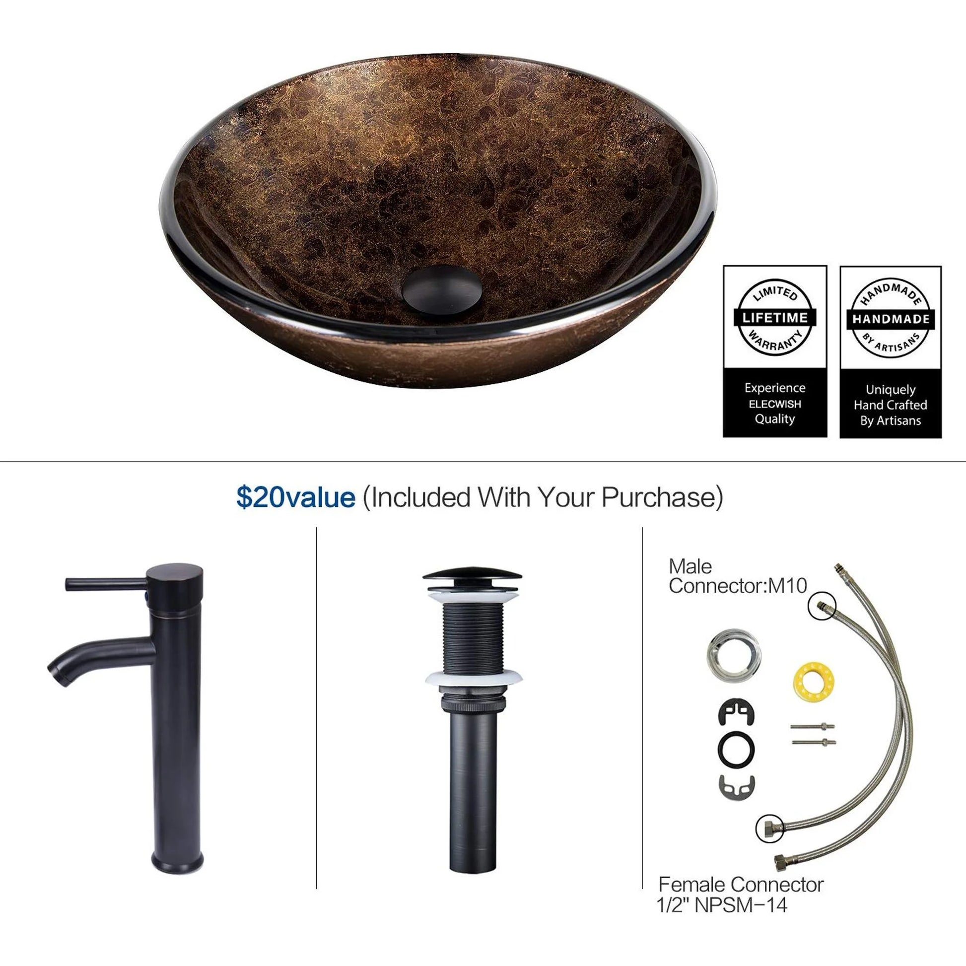PULUOMIS Vessel Sink and Faucet Combo Bath Sinks with Mounting Ring and Pop Up Drain Round Bowl Basin Brown