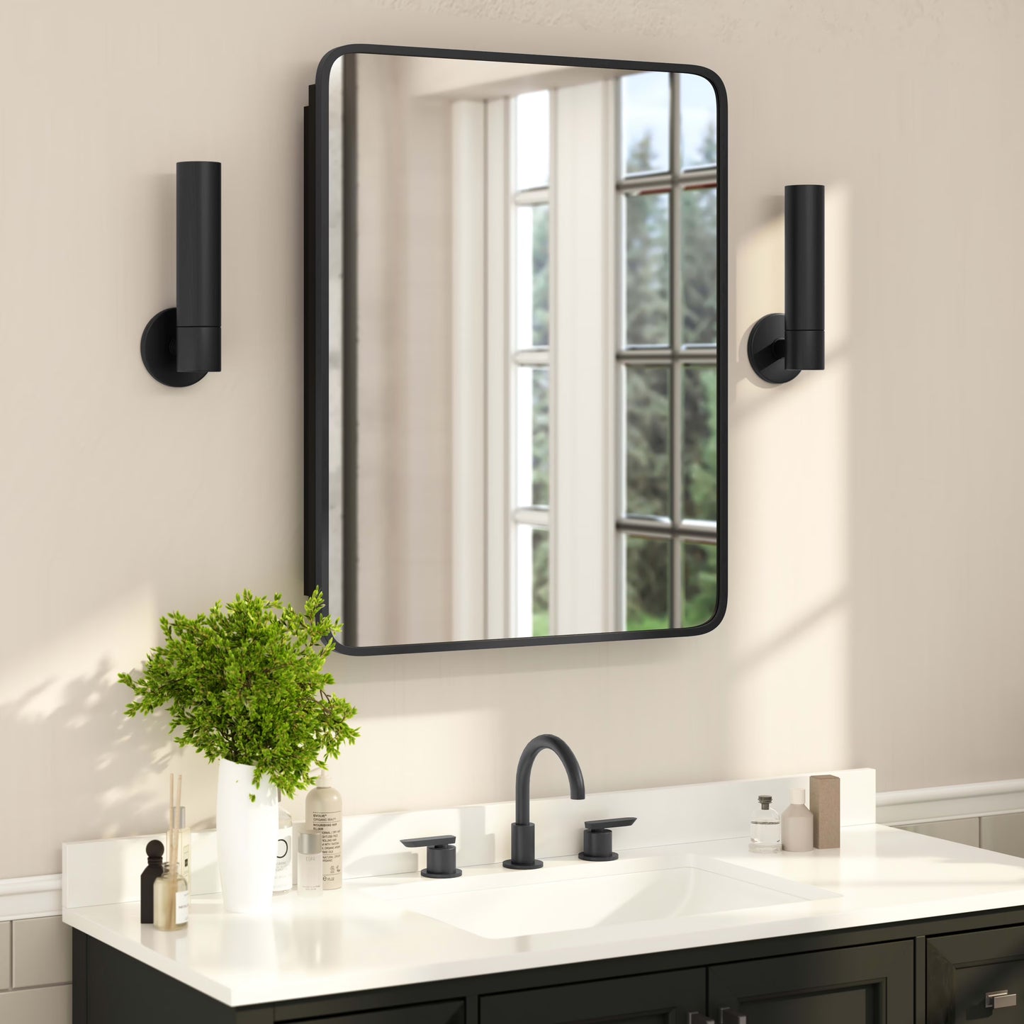 BizChair 24" x 30" Recessed Bathroom Medicine Cabinet with Rounded Beveled Mirror and Reversible Metal Frame in Black