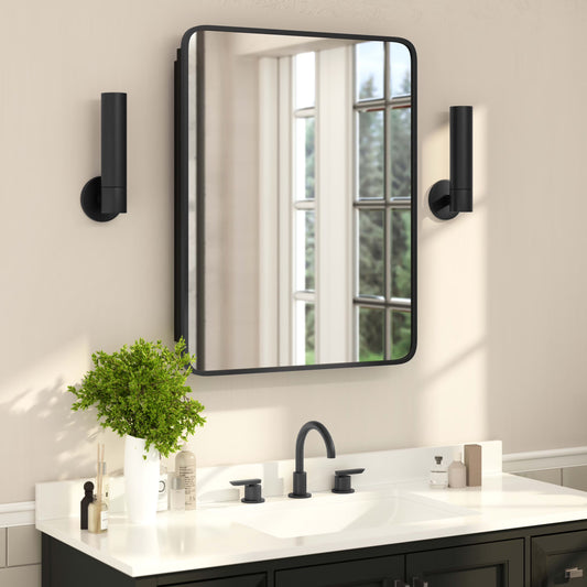 BizChair 24" x 30" Recessed Bathroom Medicine Cabinet with Rounded Beveled Mirror and Reversible Metal Frame in Black