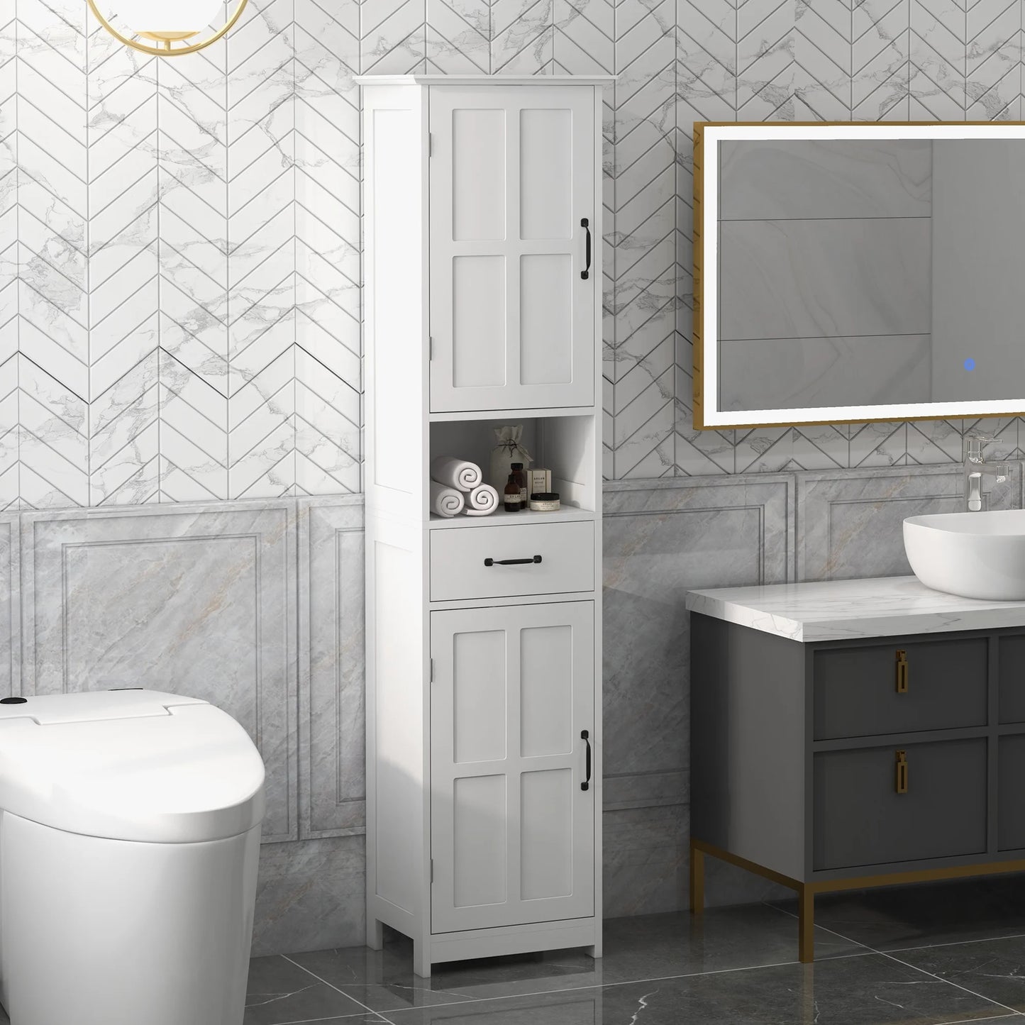 kleankin Slim Bathroom Storage Cabinet, Tall Bathroom Cabinet, Linen Tower with Open Shelf, Drawer, Recessed Doors, and Adjustable Shelves, White