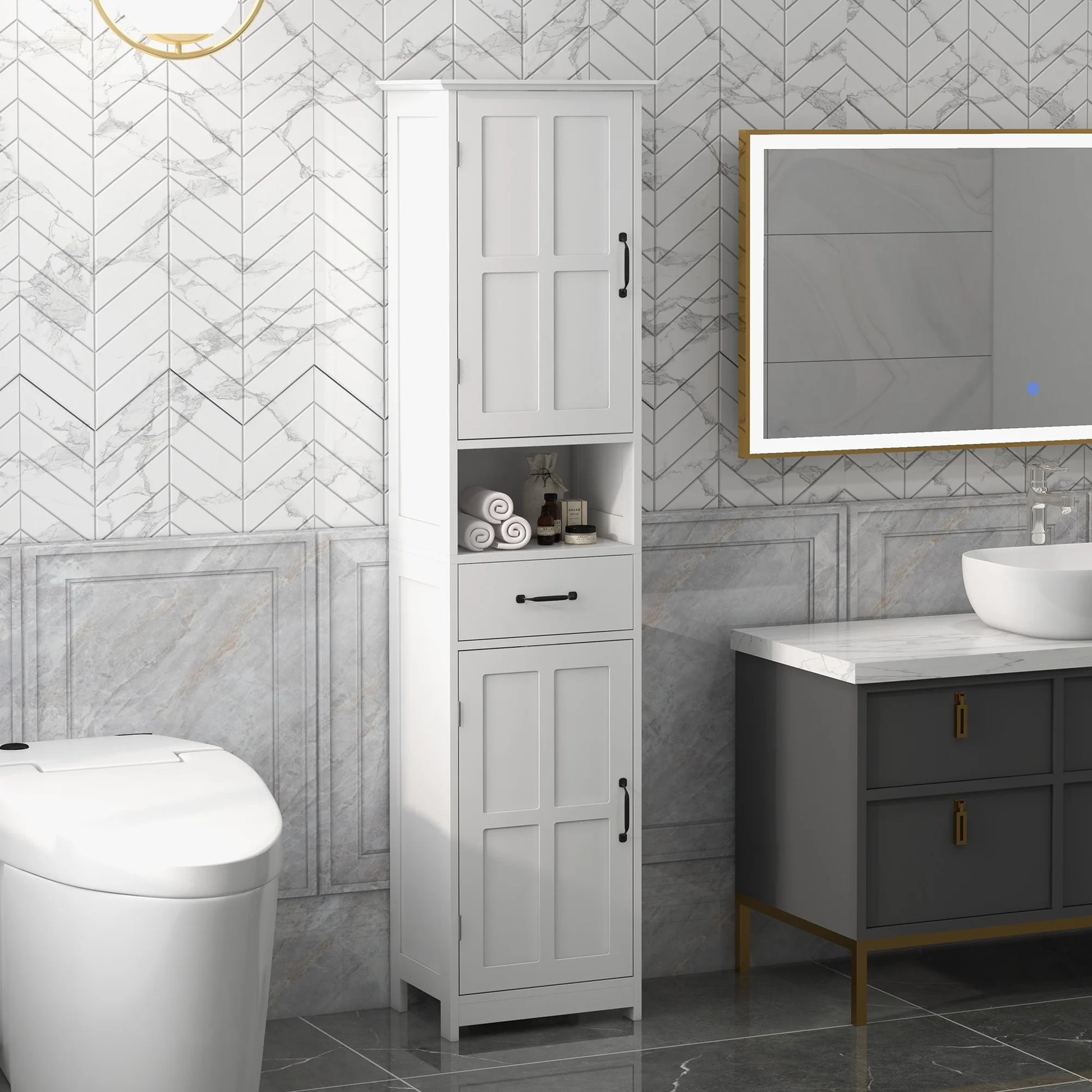 kleankin Slim Bathroom Storage Cabinet, Tall Bathroom Cabinet, Linen Tower with Open Shelf, Drawer, Recessed Doors, and Adjustable Shelves, White