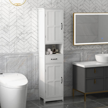 kleankin Slim Bathroom Storage Cabinet, Tall Bathroom Cabinet, Linen Tower with Open Shelf, Drawer, Recessed Doors, and Adjustable Shelves, White