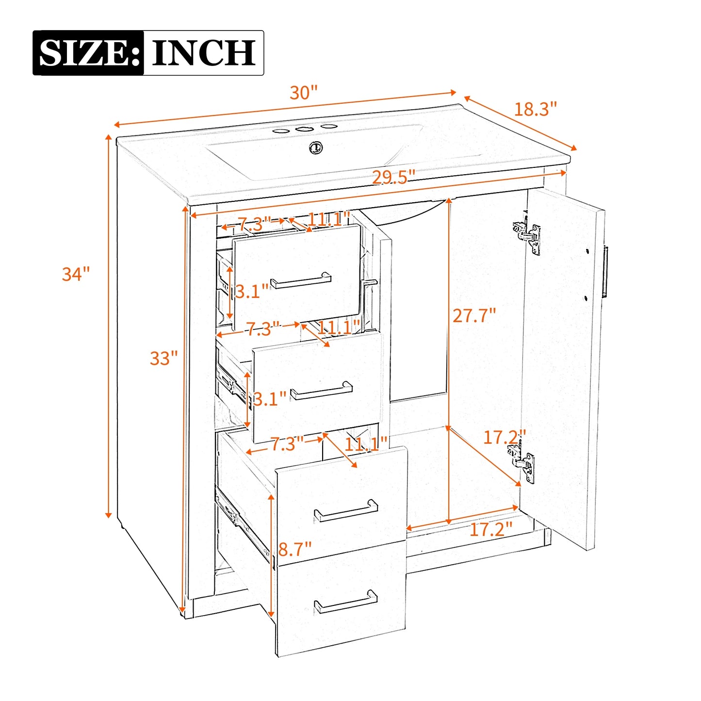 ENSHUI 30-Inch Bathroom Vanity with Ceramic Sink Combo, Solid Wood Frame, 4 Drawers, Soft Closing Doors, Green