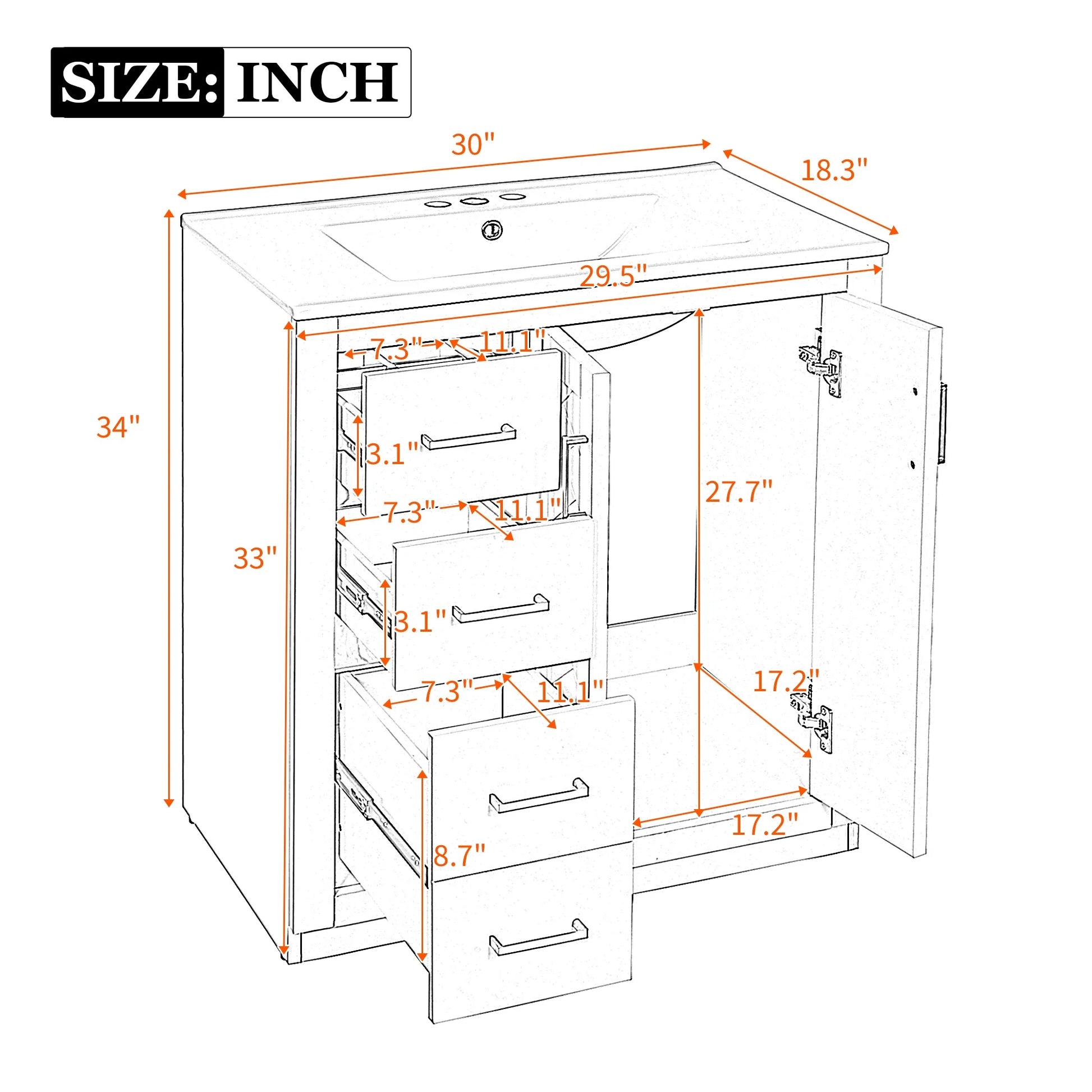ENSHUI 30-Inch Bathroom Vanity with Ceramic Sink Combo, Solid Wood Frame, 4 Drawers, Soft Closing Doors, Green