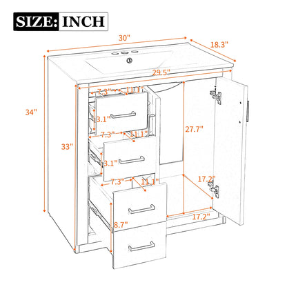 ENSHUI 30-Inch Bathroom Vanity with Ceramic Sink Combo, Solid Wood Frame, 4 Drawers, Soft Closing Doors, Green