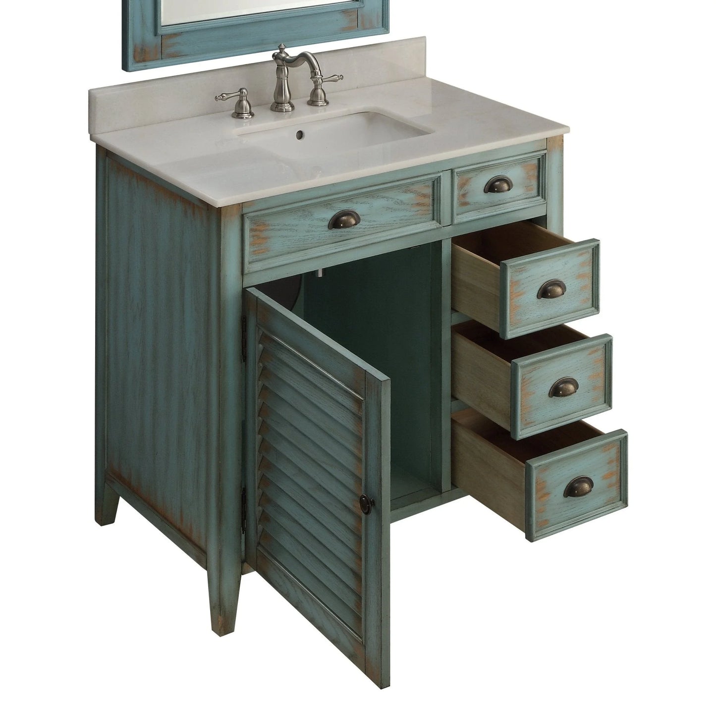 Benton Collection 36" Distressed Blue Farmhouse Bathroom Vanity with White Marble Top