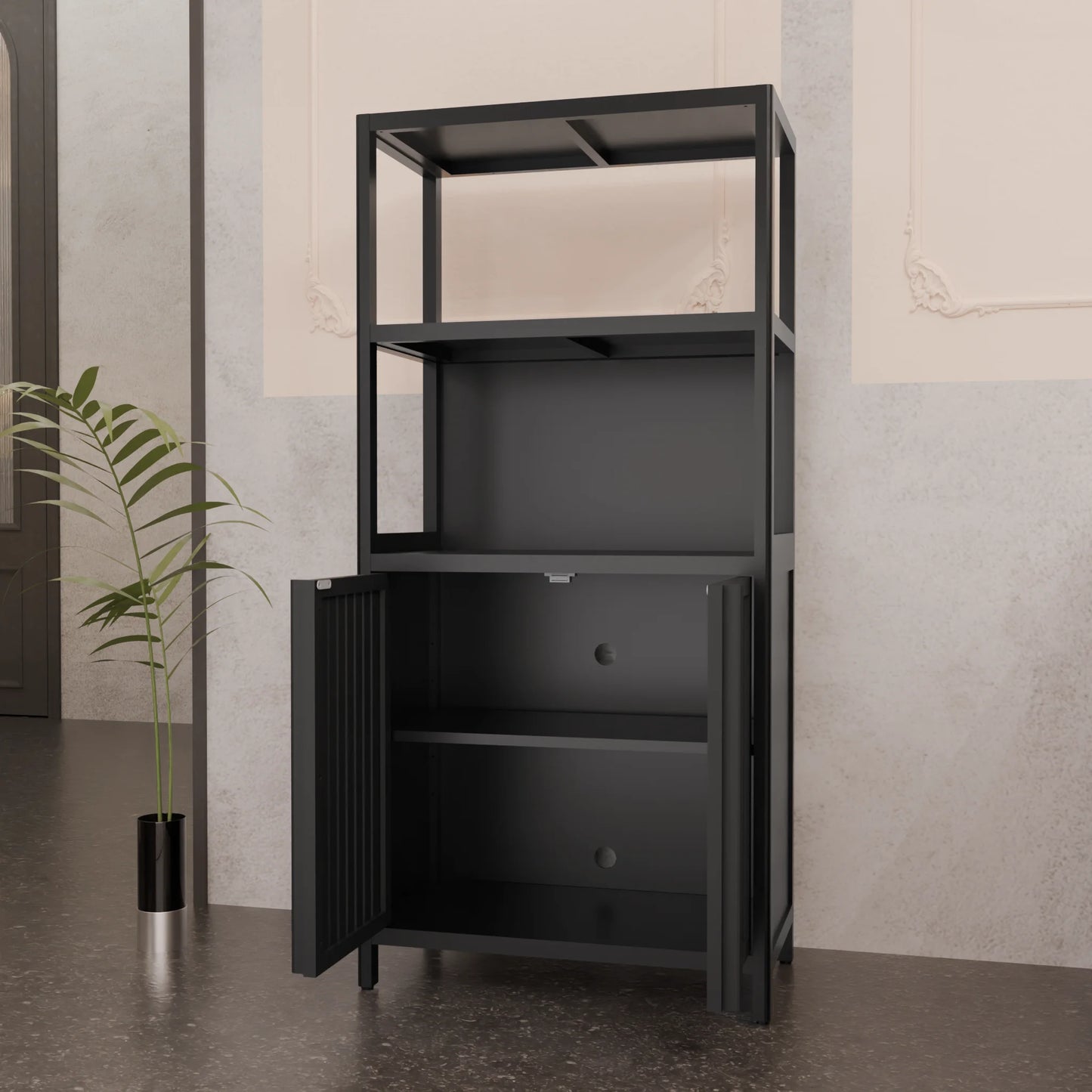 Yoneston 4-Tier Bamboo Bathroom Shelf Storage Cabinet, Freestanding Floor Cabinet with 2 Doors, Display Shelves for Living Room, Black