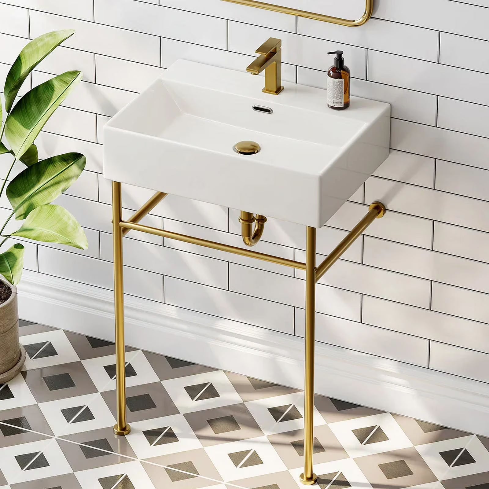 HOROW 24" Console Bathroom Sink,Free Standing 30 Inch Stainless Steel Support Pedestal Legs, Matte Black
