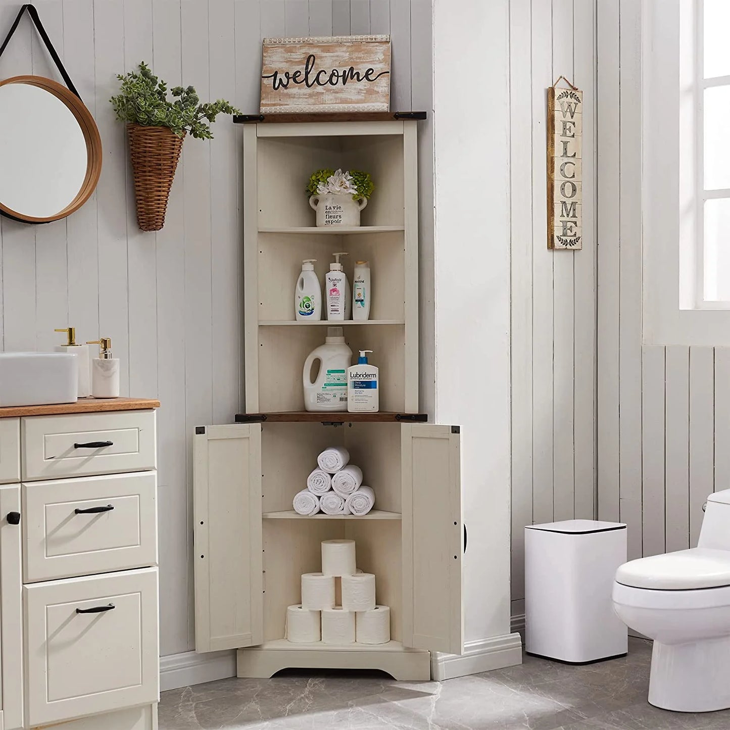 OKD Farmhouse Tall Corner Cabinet with Barn Door & Adjustable Shelves, 68" Rustic Wood Corner Cabinet with Storage Cabinet for Bathroom, Kitchen, Antique White