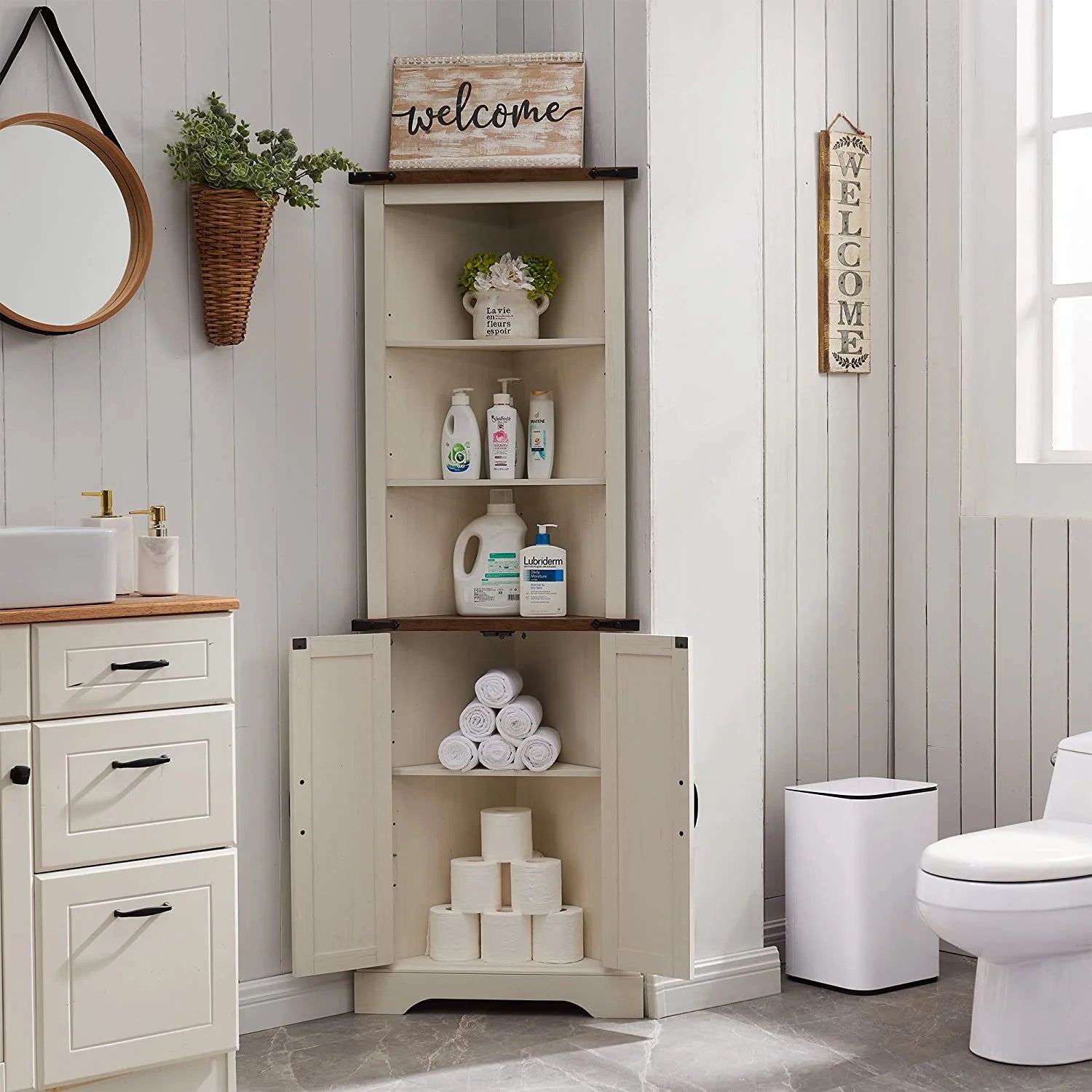 OKD Farmhouse Tall Corner Cabinet with Barn Door & Adjustable Shelves, 68" Rustic Wood Corner Cabinet with Storage Cabinet for Bathroom, Kitchen, Antique White