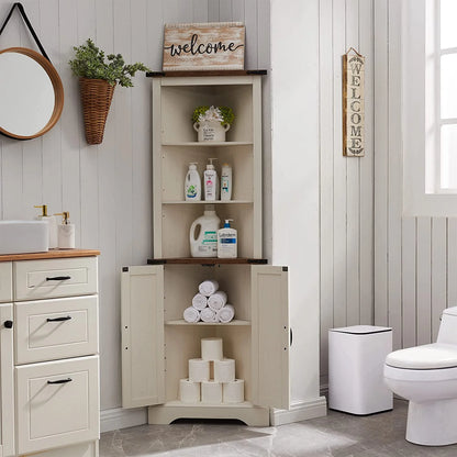 OKD Farmhouse Tall Corner Cabinet with Barn Door & Adjustable Shelves, 68" Rustic Wood Corner Cabinet with Storage Cabinet for Bathroom, Kitchen, Antique White