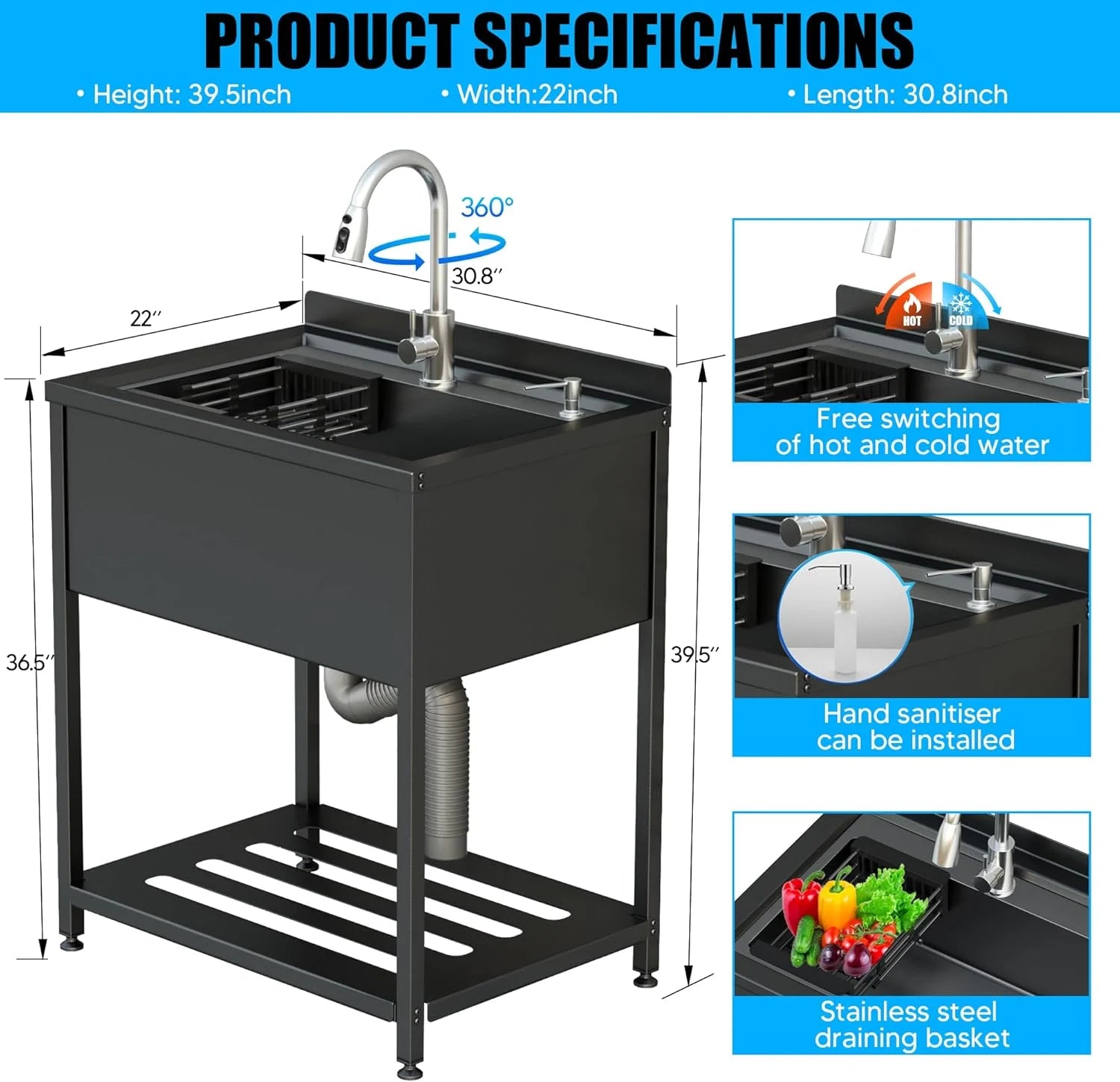 Stainless Steel Utility Sink, 30.8" × 22" × 39.5"Freestanding Sink with Cold and Hot Water Faucet,Hoses and Drain Kit for Kitchens, Bathrooms, Garage, Laundry Room
