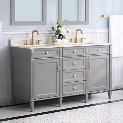 FORCLOVER 36" Bathroom Vanity with Sink Top Combo Set, Freestanding Solid Wood Bathroom Makeup Cabinet W/ 1 Soft-Close Door and 3 Soft-Close Drawers, Carrara White Quartz Countertop, Grey