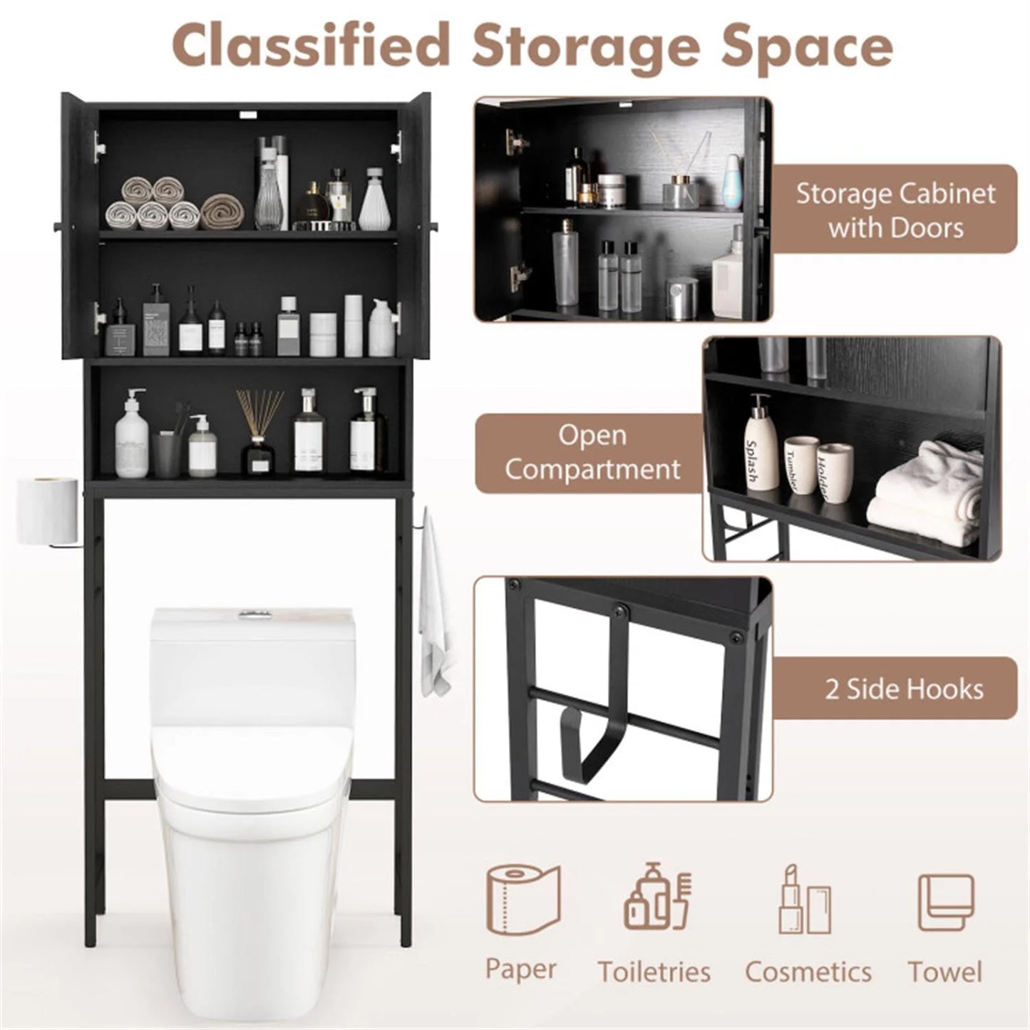 Finihen Over The Toilet Storage Cabinet, Storage Shelf, with 2 Doors and Adjustable Shelf, for Bathroom,Black