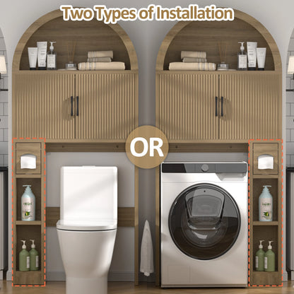 HARIPUL Over The Toilet Storage Cabinet w/ Unique Wood Grain & Arc Design, Freestanding Bathroom Shelf Organizer Space Saver w/ Doors & Anti-Tip Device, Wood Color