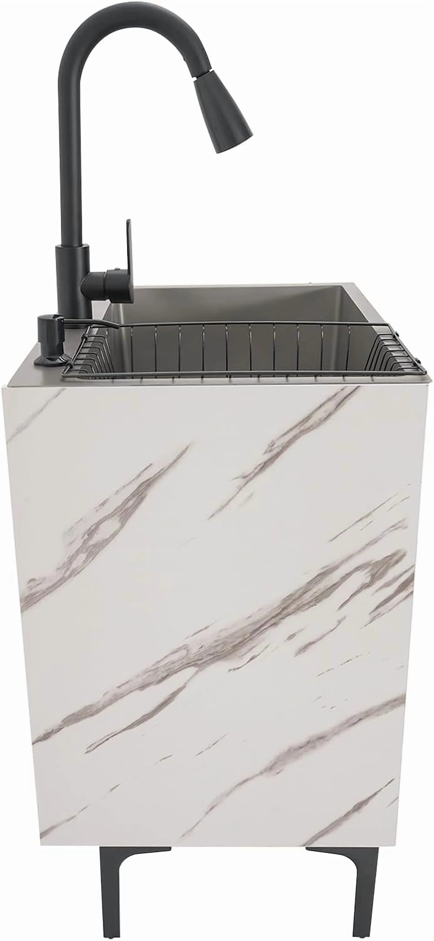 Laundry Sink Cabinet with Pull-Down Faucet Stainless Steel Utility Sink for Laundry Utility Room Bathroom Vanity Sink Cabinet with 2 Doors for Kitchen Outdoor (White)