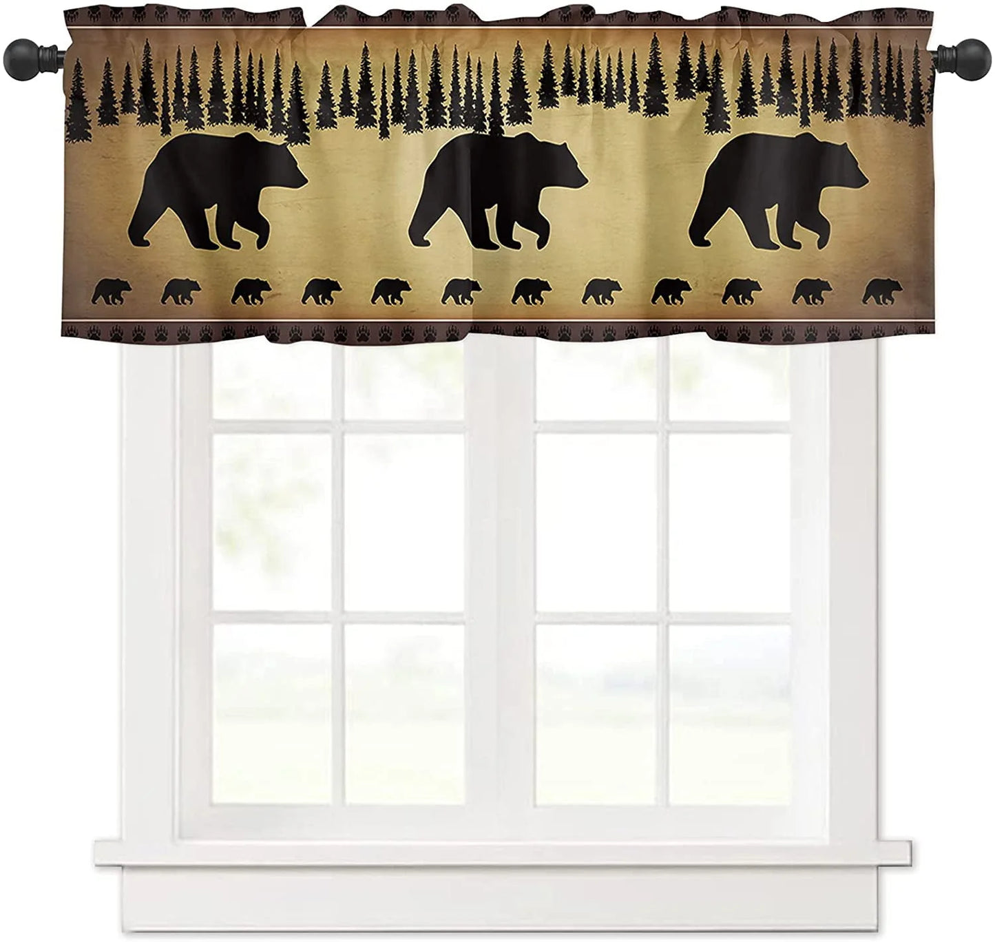 Black Bear Forest Silhouettes Window Valance Curtains, Window Treatment for Kitchen, Bathroom, Bedroom, Vintage Farm Backdrop Rod Pocket Short Curtain 1 Panel, 54x18 in