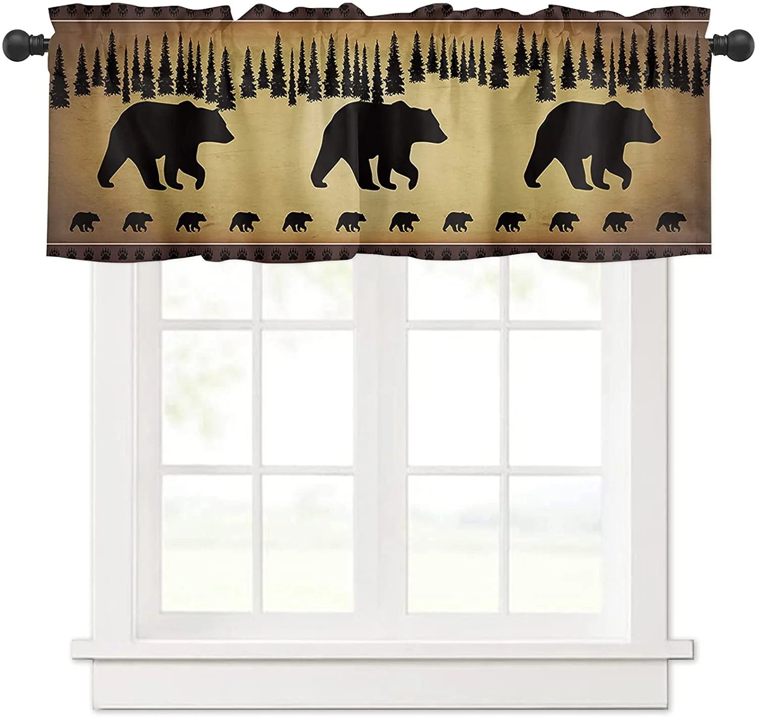 Black Bear Forest Silhouettes Window Valance Curtains, Window Treatment for Kitchen, Bathroom, Bedroom, Vintage Farm Backdrop Rod Pocket Short Curtain 1 Panel, 54x18 in