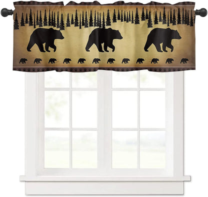 Black Bear Forest Silhouettes Window Valance Curtains, Window Treatment for Kitchen, Bathroom, Bedroom, Vintage Farm Backdrop Rod Pocket Short Curtain 1 Panel, 54x18 in