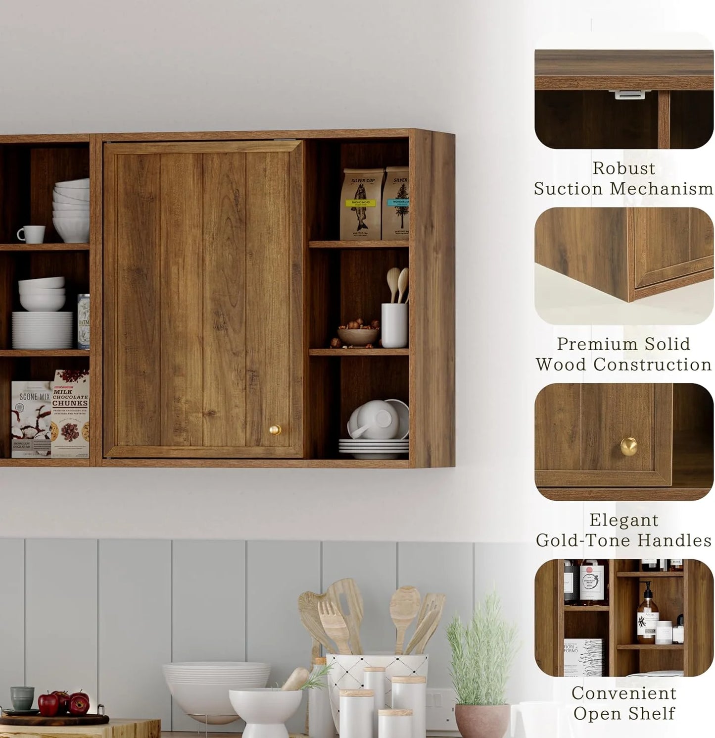 ANHDAH Rustic Wall Cabinet - Wooden Bathroom Storage with Shelf, Over-Toilet Mounted Cupboard for Kitchen, Laundry, Garage (Brown)