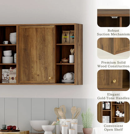 ANHDAH Rustic Wall Cabinet - Wooden Bathroom Storage with Shelf, Over-Toilet Mounted Cupboard for Kitchen, Laundry, Garage (Brown)