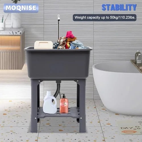 Utility Sink Sink With 360° Rotating Faucet Freestanding Utility Sink with Storage Shelf Laundry Sink For Laundry Room Basement Garage Bathroom Kitchen