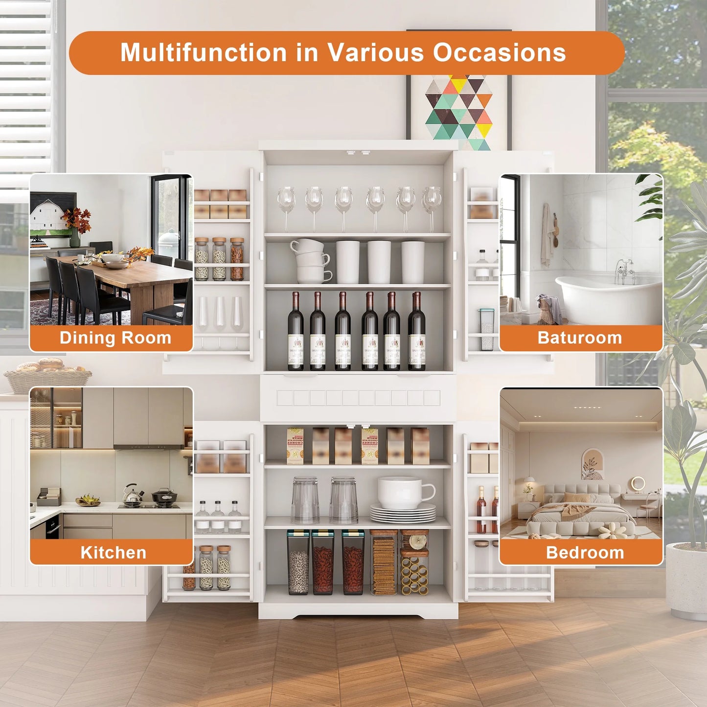 Pantry Cabinet, 71.65" Tall Storage Cabinet with Drawer, 2 Cabinets & 6 Door Shelves, Adjustable Shelves, Freestanding Cupboard for Kitchen, Living Room, Bathroom