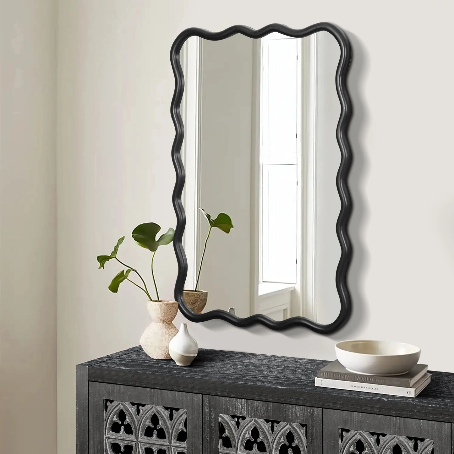 Large 40"x28" Solid Wood Rectangle Mirror in Antique Black - Modern Wall Decor for Home, Living Room, Bedroom, and Bathroom
