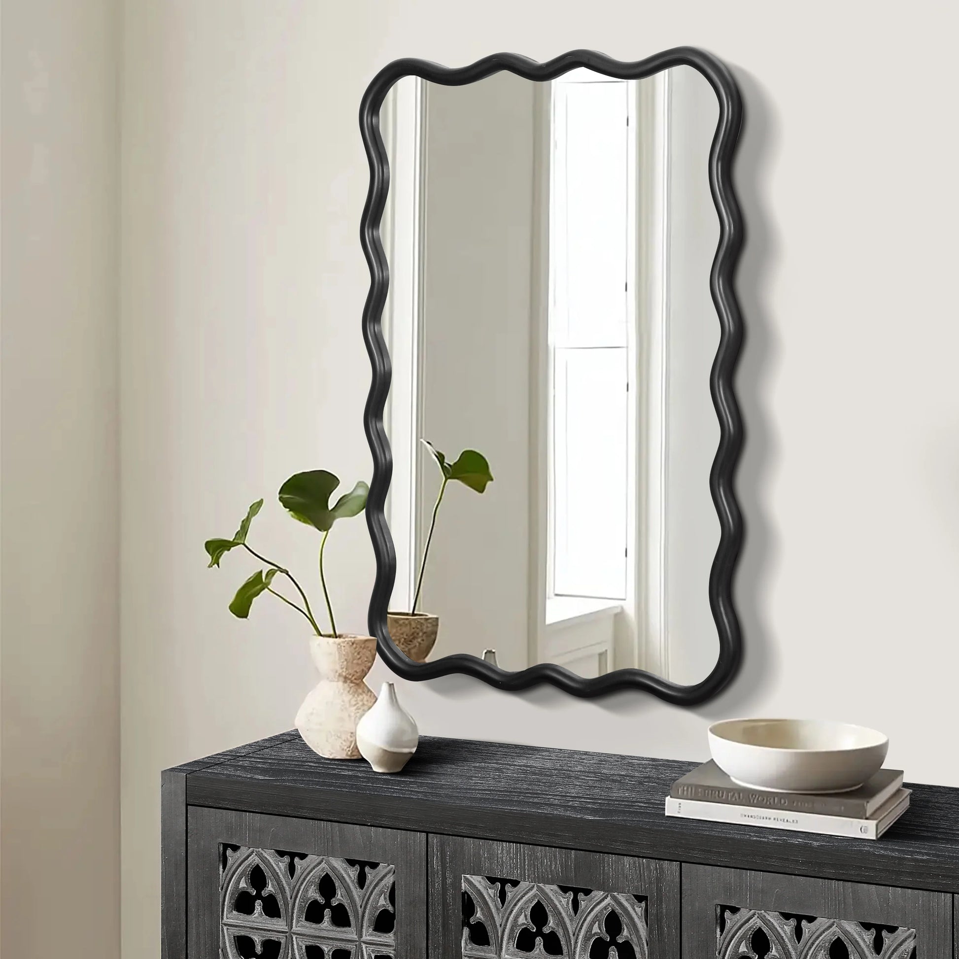 Large 40"x28" Solid Wood Rectangle Mirror in Antique Black - Modern Wall Decor for Home, Living Room, Bedroom, and Bathroom
