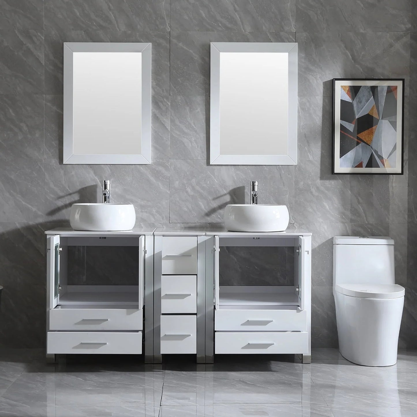 Wonline 60" Bathroom Vanity Wood Cabinet Double Ceramic Sink w/ Mirror White