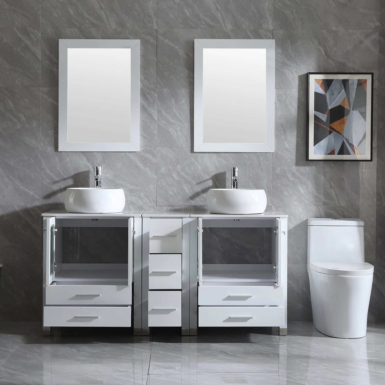 Wonline 60" Bathroom Vanity Wood Cabinet Double Ceramic Sink w/ Mirror White
