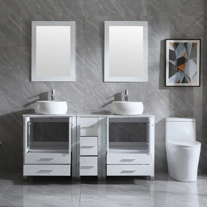 Wonline 60" Bathroom Vanity Wood Cabinet Double Ceramic Sink w/ Mirror White