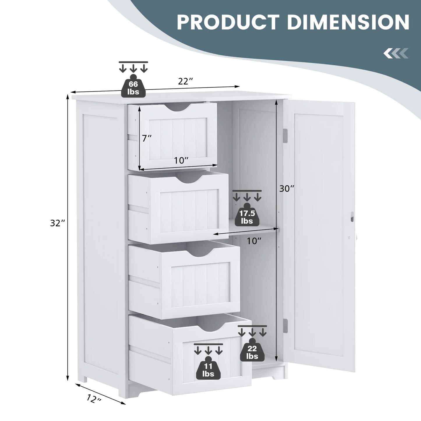 Bathroom Storage Wooden 4 Drawer Cabinet Cupboard 2 Shelves Free Standing White