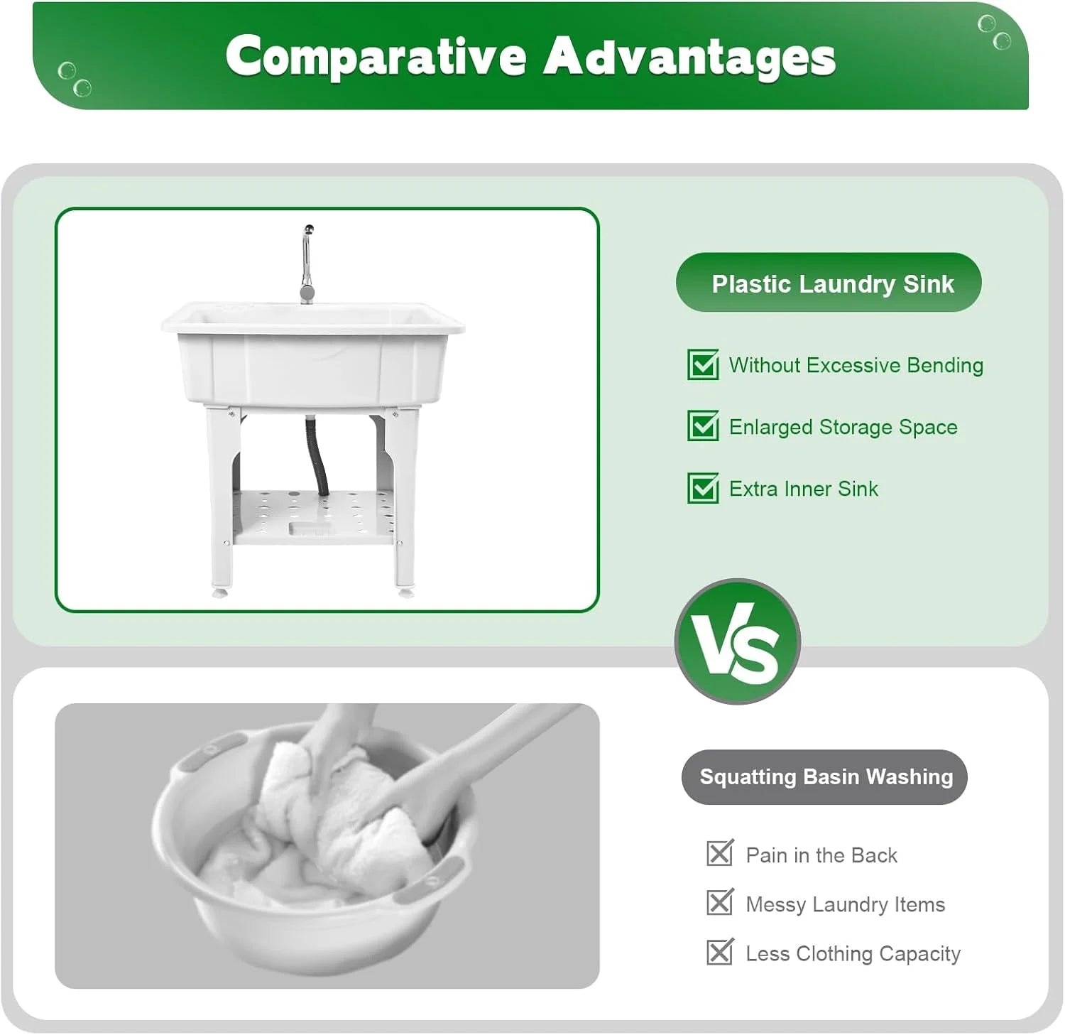 Utility Sink Laundry Tub,Freestanding Plastic Laundry Sink with Washboard, Slop Sink Garage Sink Portable Sink For Laundry Room, Garage, Bathroom, Kitchen (31.5in, White)