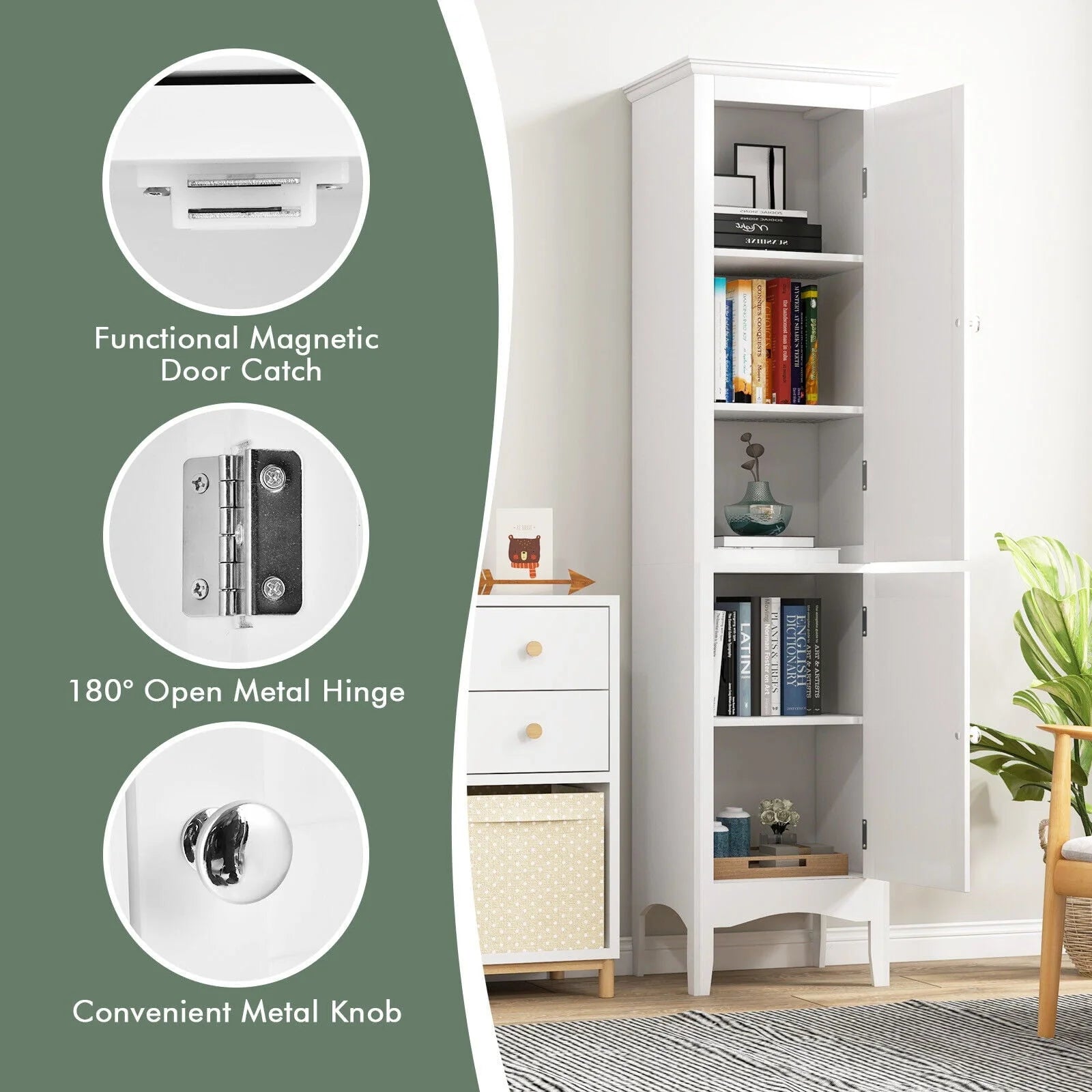 Vicamelia Bathroom Floor Cabinet Narrow Linen Tower w/ 2 Doors & Adjustable Shelf, Tall Kitchen Pantry Cabinet, White