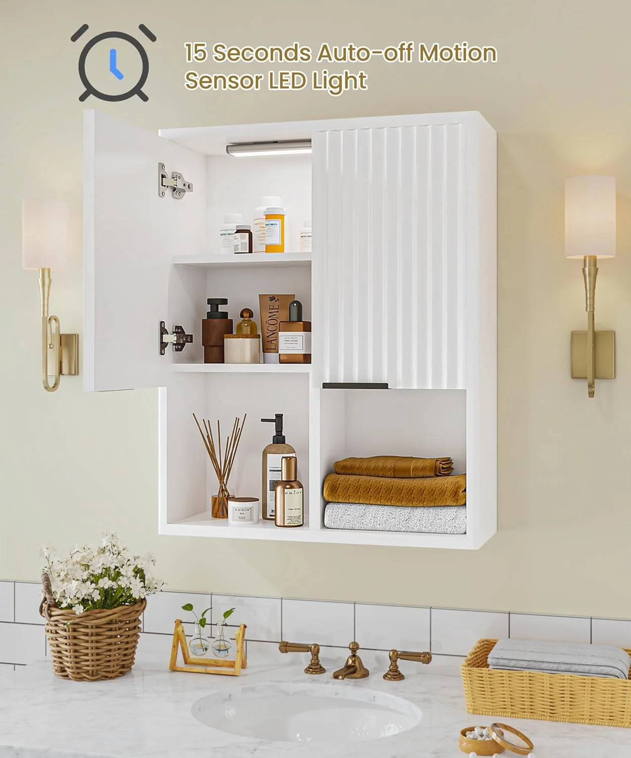 NEW Decorative Wall Cabinet with Motion Sensor LED and Adjustable Shelf for Bathroom ,Kitchen,Study (Oak Natural)